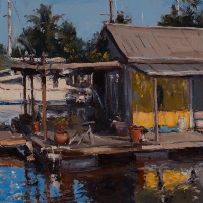 OLD SHACK ON THE WATERFRONT by Roger Dellar ROI at Dolan's Art Auction House
