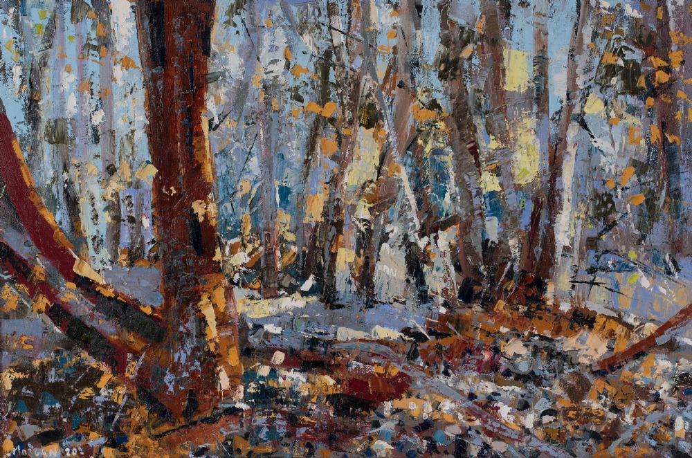Lot 55 - LIGHT IN THE WOODS, SILVER & BLUE by Henry Morgan, b.1952