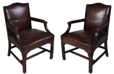 Pair of Good Leather Open Armchairs at Dolan's Art Auction House