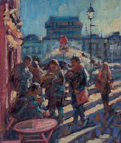COFFEE AT ELEVEN BY THE HALFPENNY BRIDGE by Norman Teeling  at Dolan's Art Auction House