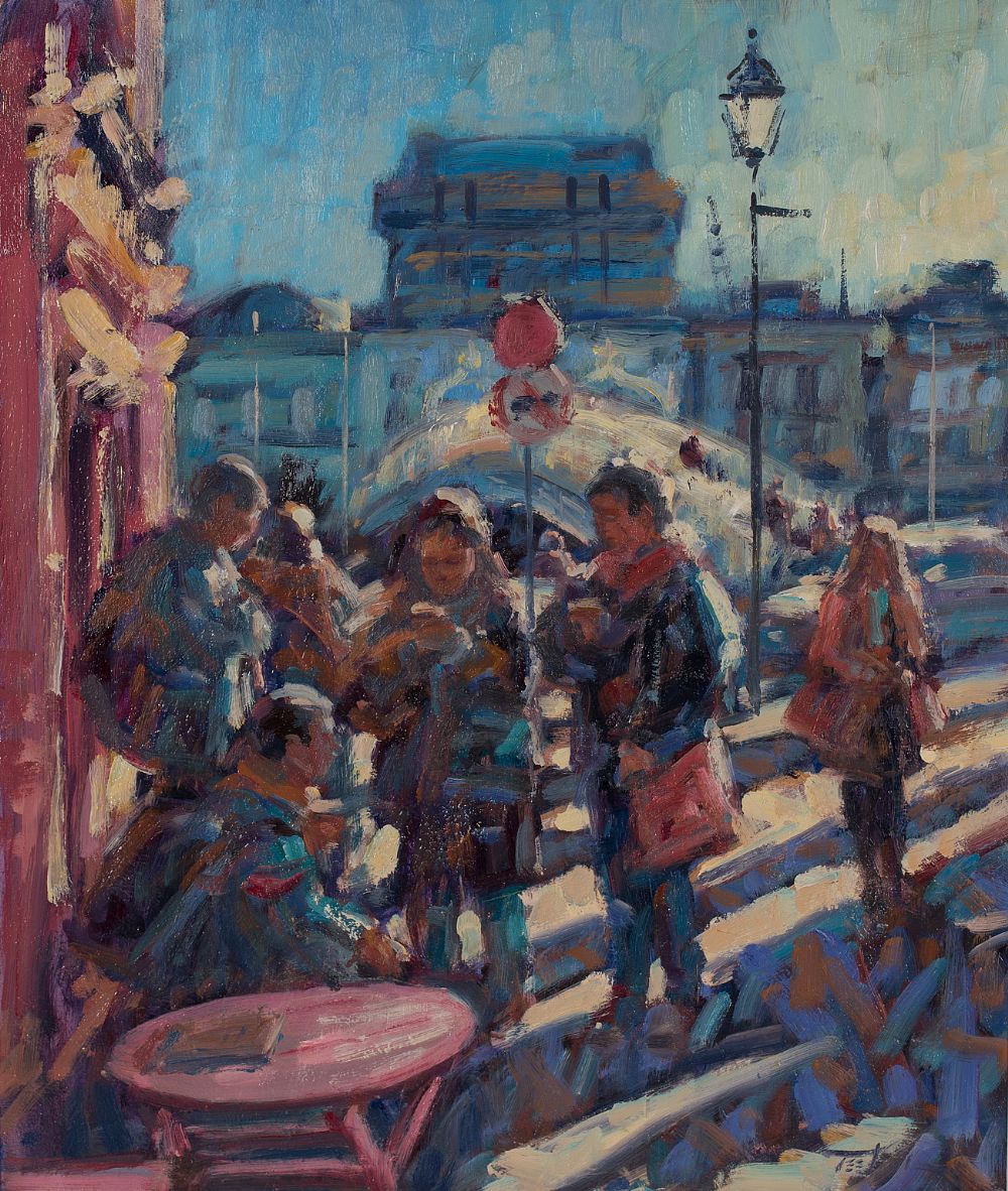 Lot 98 - COFFEE AT ELEVEN BY THE HALFPENNY BRIDGE by Norman Teeling, b.1944