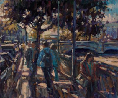WALKING BY O'CONNELL BRIDGE by Norman Teeling  at Dolan's Art Auction House