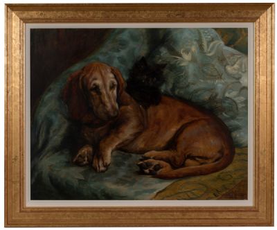 FRIENDS, CURIOUS KITTEN & THE OLD HOUND by Fannie Moody  at Dolan's Art Auction House