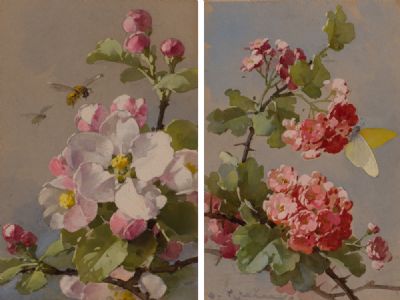 APPLE BLOSSOM & BUMBLE BEE, MAY FLOWER & BUTTERFLY by Catherina Klein  at Dolan's Art Auction House