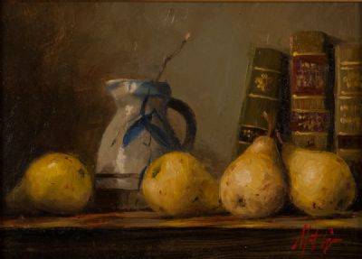 PEARS ON THE BOOKSHELF by Mat Grogan  at Dolan's Art Auction House