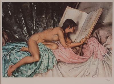 JANELLE AND THE VOLUME OF TREASURES by Sir William Russell Flint RA at Dolan's Art Auction House