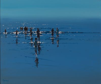 SUMMER REFLECTIONS, FAMILIES ON THE BEACH by John Morris  at Dolan's Art Auction House