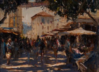 MARKET DAY, IN THE HEAT OF SUMMER by Roger Dellar ROI at Dolan's Art Auction House