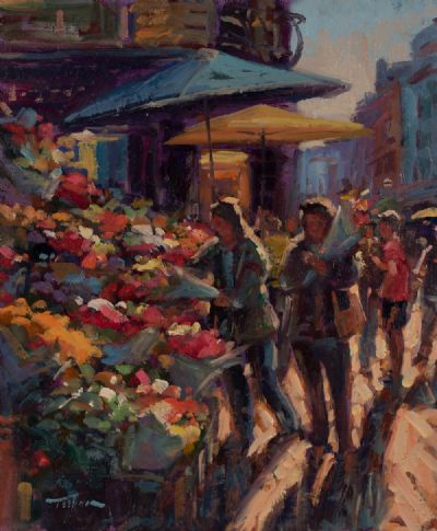 FLOWERS ON GRAFTON SREEET I by Norman Teeling  at Dolan's Art Auction House