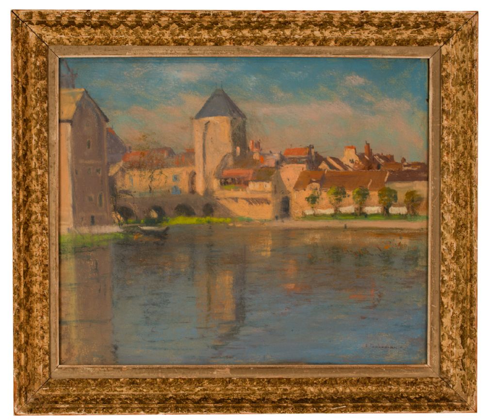 CONTINENTAL TOWN & RIVER IN SUNSHINE by Arsene Chabanian (1864-1949, Armenian/French) at Dolan's Art Auction House