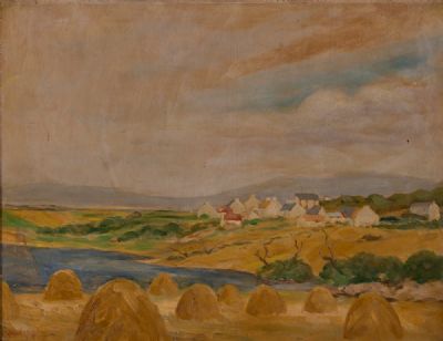 WEST OF IRELAND, COTTAGES & HAYFIELD by J.M.Comyn  at Dolan's Art Auction House