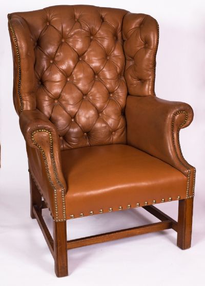 Leather Button-Back Mahogany Wing Back Chair at Dolan's Art Auction House