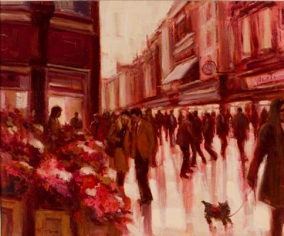 GRAFTON STREET FLOWERS, NEAR BEWLEY'S by Norman Teeling  at Dolan's Art Auction House