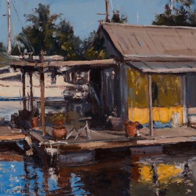 OLD SHACK ON THE WATERFRONT by Roger Dellar ROI at Dolan's Art Auction House